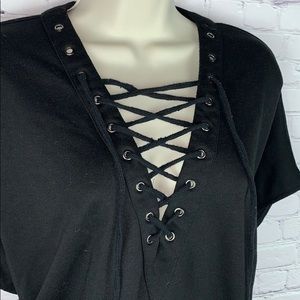 Madden NYC Boyfriend sweater lace-up neck front pocket loose fit cozy